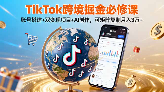 TikTo跨境掘金必修课，账号搭建+双变现项目+AI创作，可矩阵复制月入3万+-好项目
